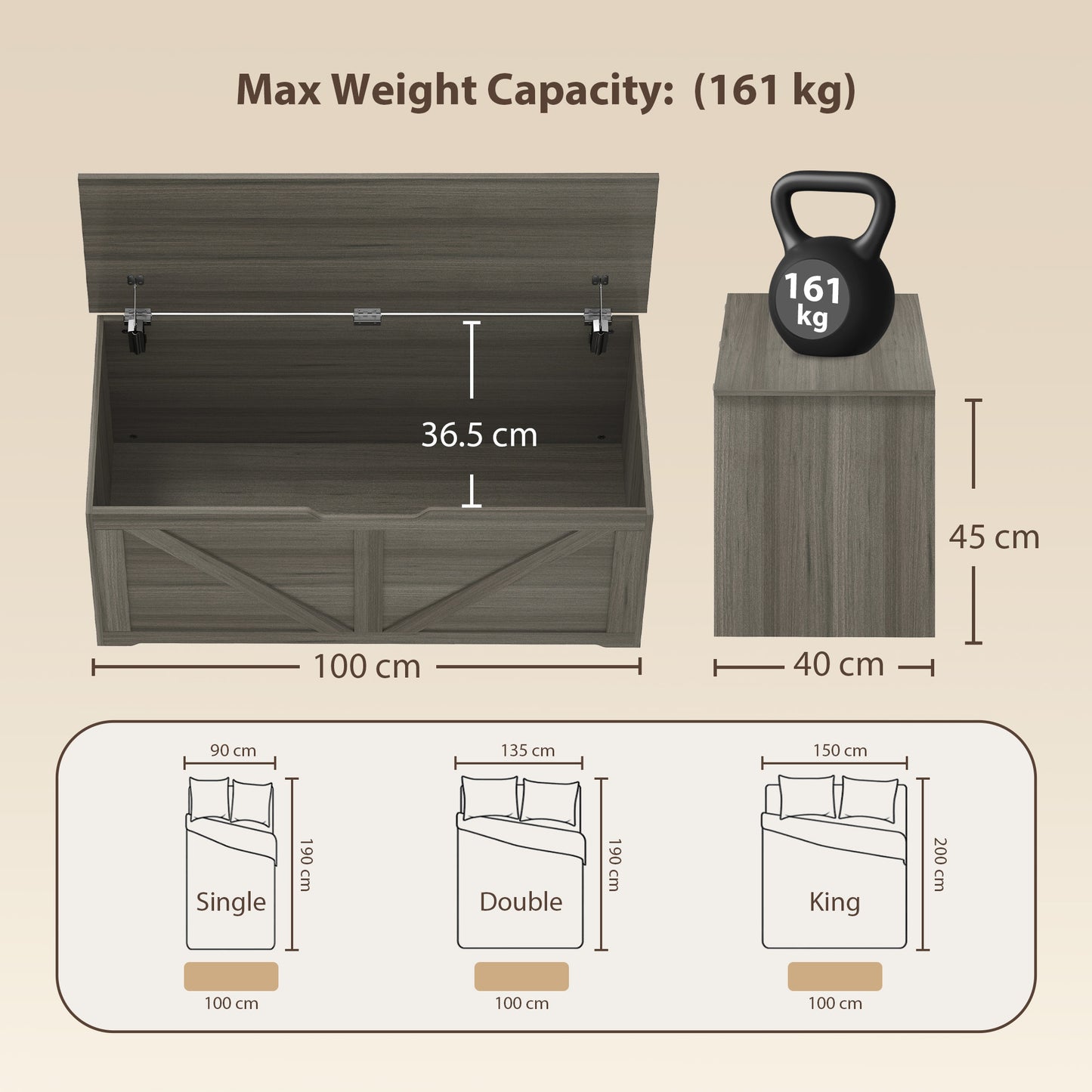Storage Trunk for Living Room, with Safety Hinges, 100cm, Dark Grey