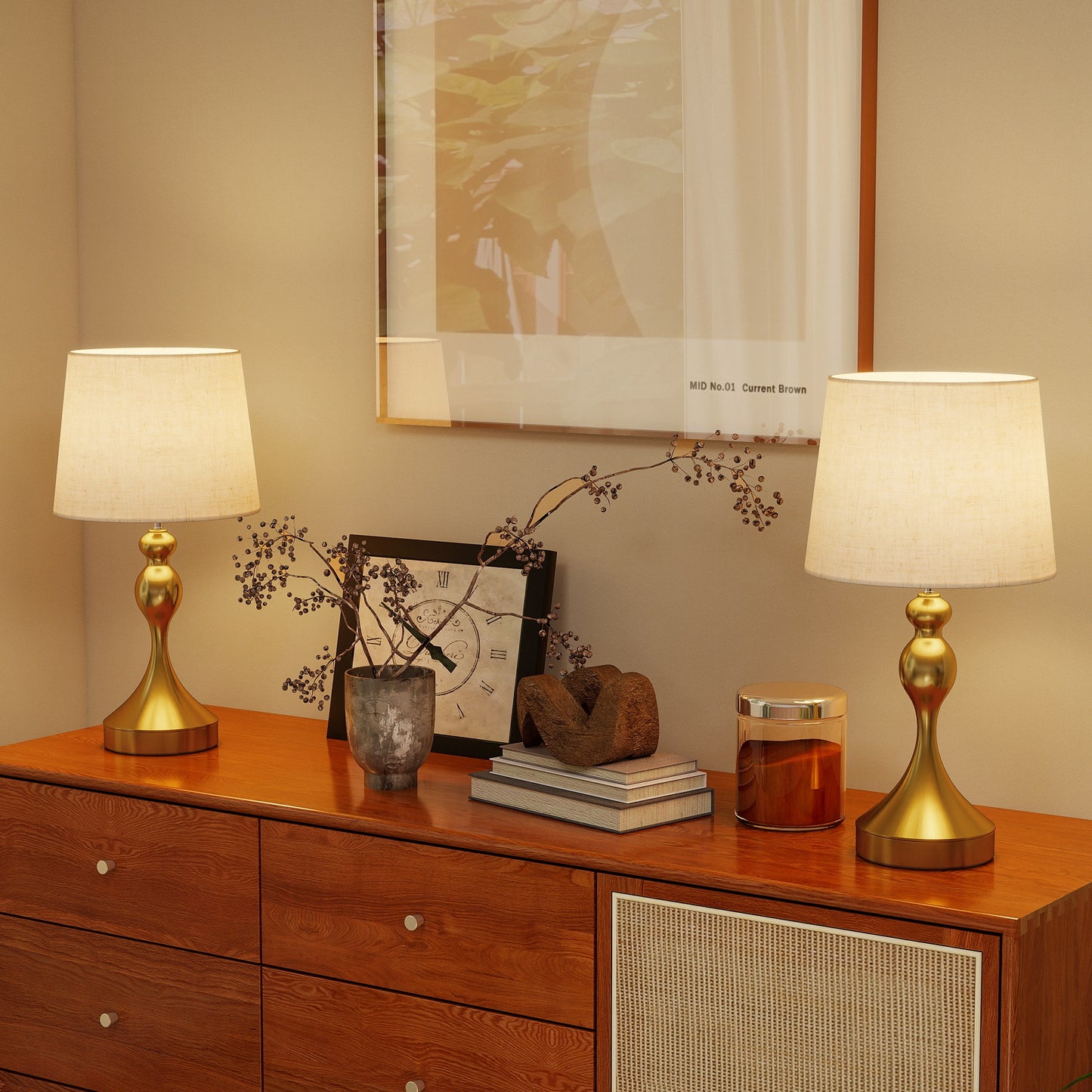 Table Lamps Set of 2, Modern Bedside Lamps with USB Ports, Gold Tone