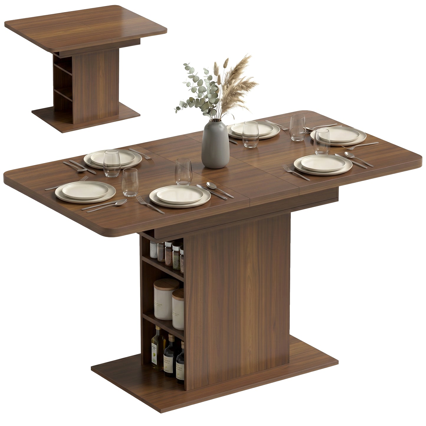 Extendable Dining Table for 4-6 People, 110-130cm Kitchen Table with 6 Open Shelves, Storage Compartment for Home, Living Room, Small Spaces, Walnut Brown