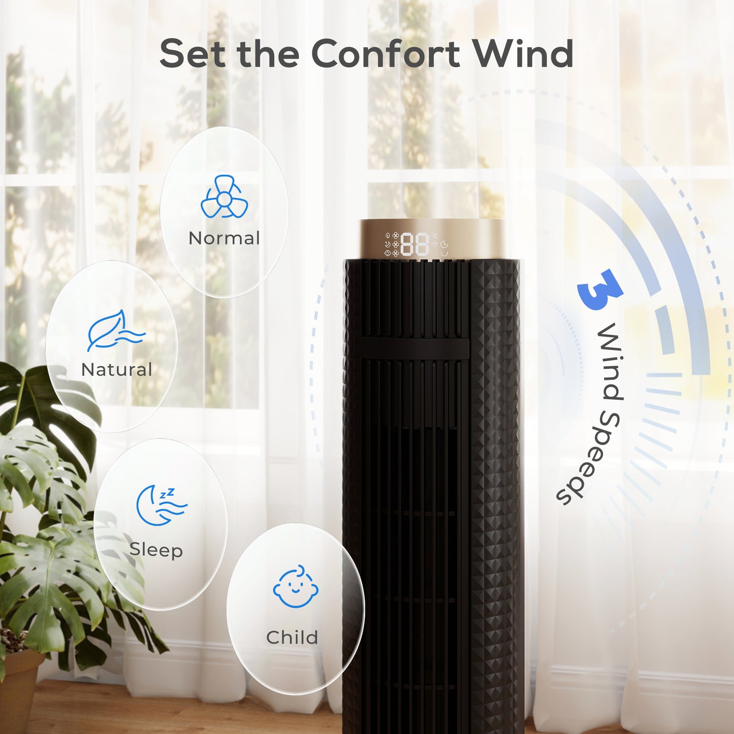 Tower Fan, Standing Floor Fan with Remote Control Black
