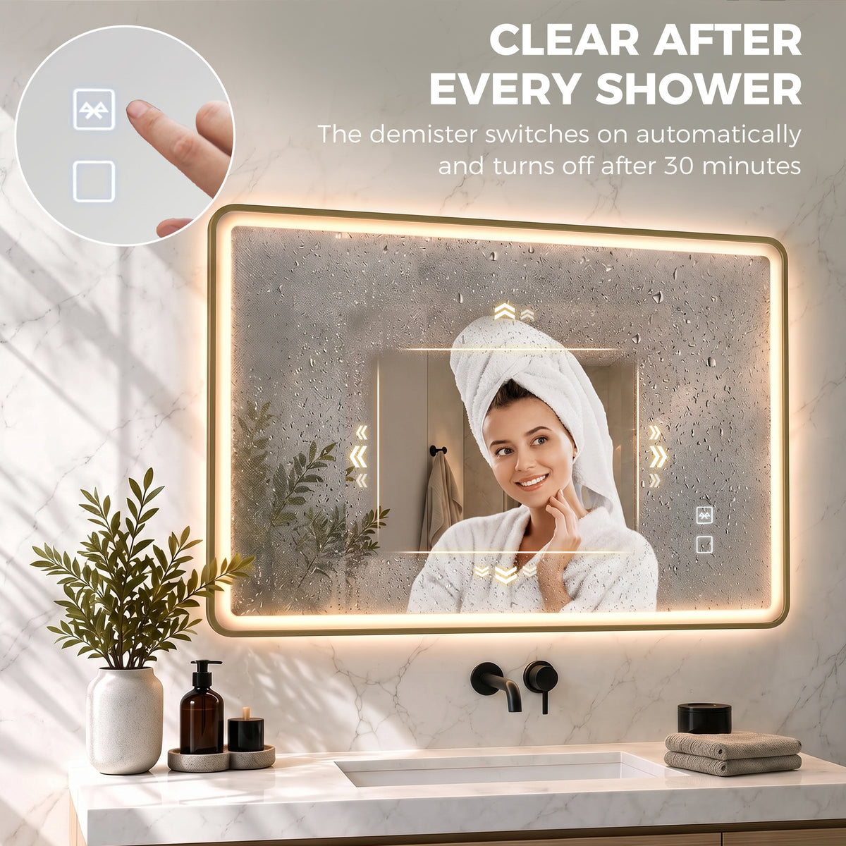100 x 70cm Rectangular LED Bathroom Mirror with Bluetooth Speaker and Demister - Gold Tone