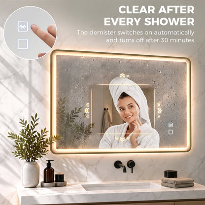 100 x 70cm Rectangular LED Bathroom Mirror with Bluetooth Speaker and Demister - Gold Tone