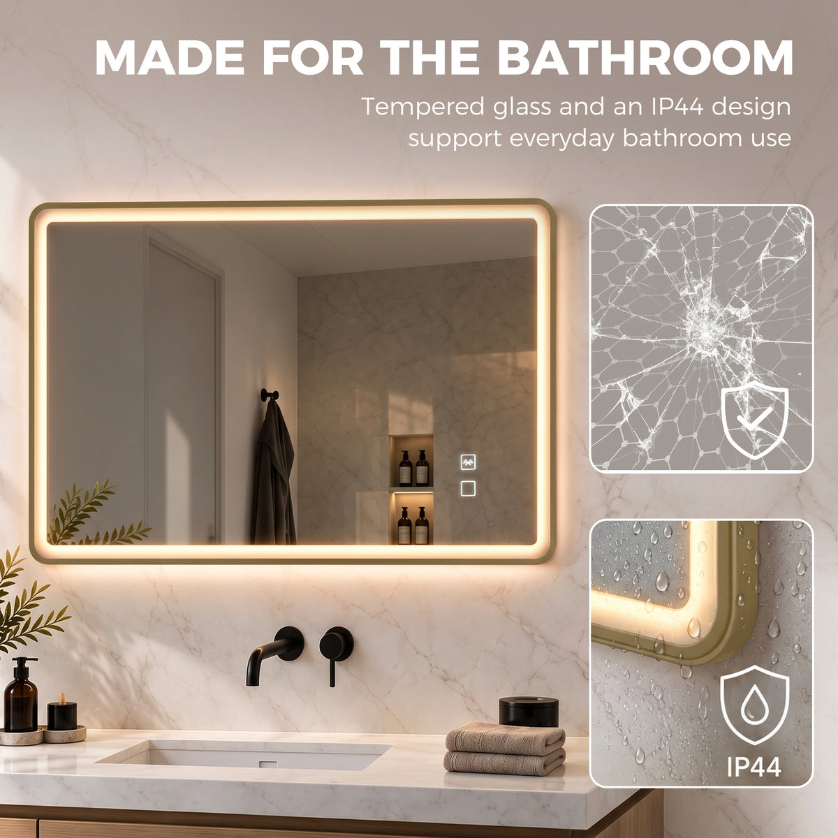 100 x 70cm Rectangular LED Bathroom Mirror with Bluetooth Speaker and Demister - Gold Tone