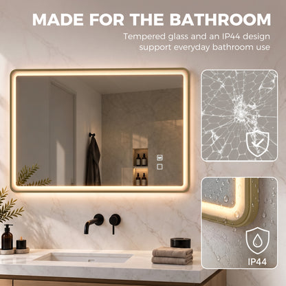 100 x 70cm Rectangular LED Bathroom Mirror with Bluetooth Speaker and Demister - Gold Tone