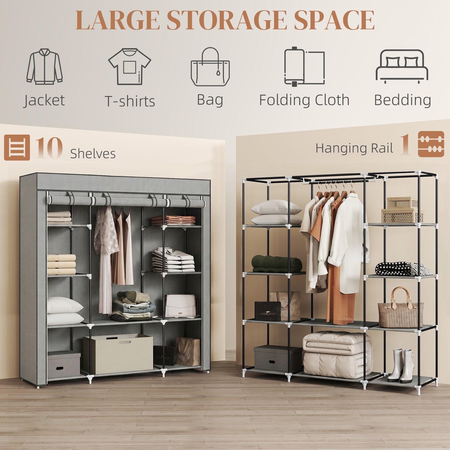 Portable Wardrobe, Foldable Fabric Wardrobe, 150 x 43 x 162.5cm, Clothes Storage Organiser with Hanging Rail, Shelves, Fabric Cover for Bedroom, Light Grey