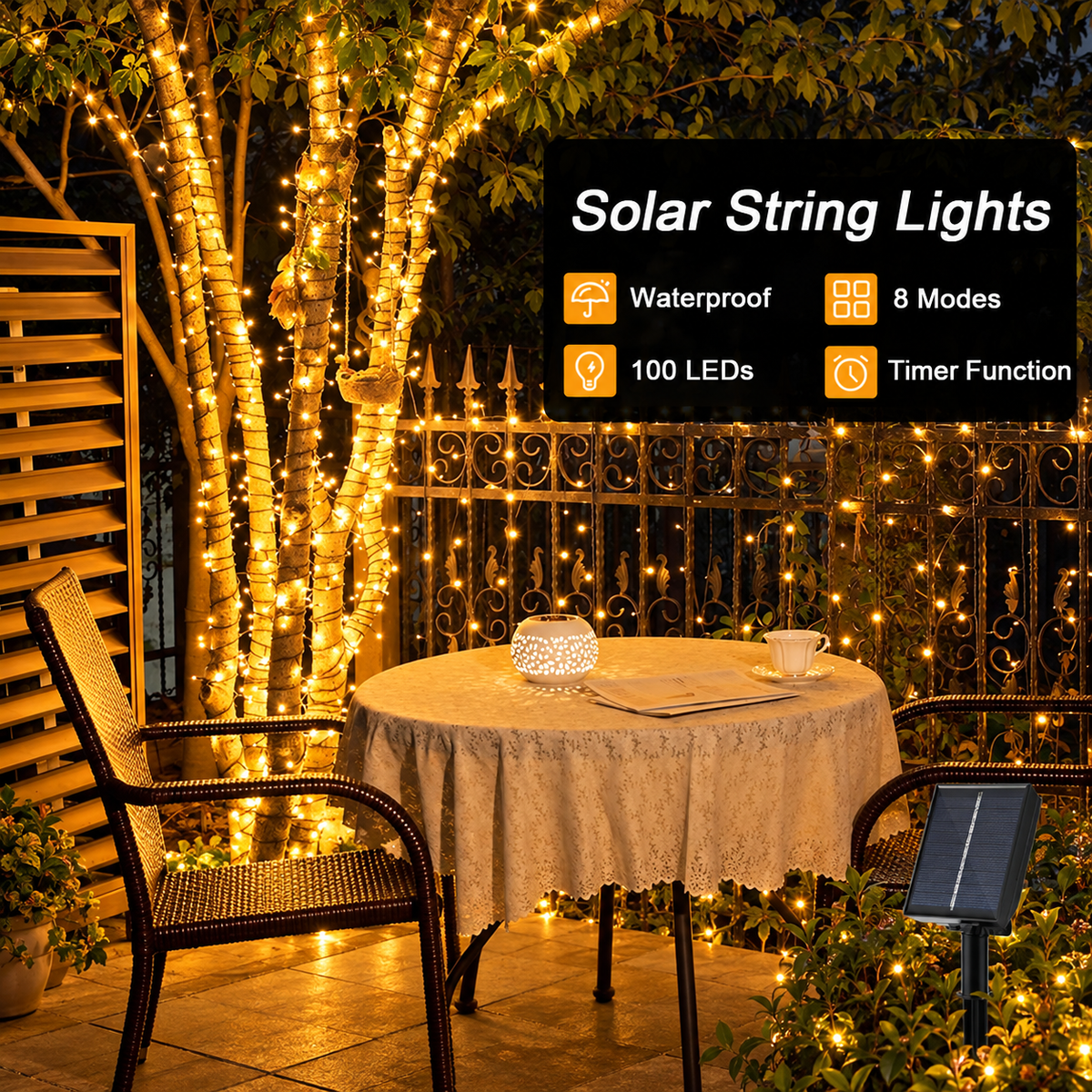 100-LED Solar Garden String Lights with Timer and 8 Modes - Warm White