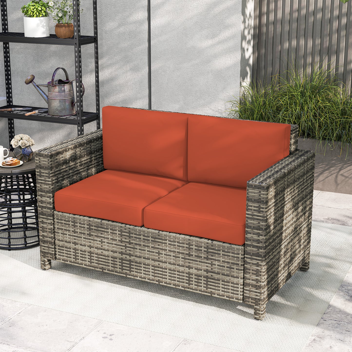 Rattan Wicker 2-seat Sofa Loveseat Padded Garden Furniture Grey