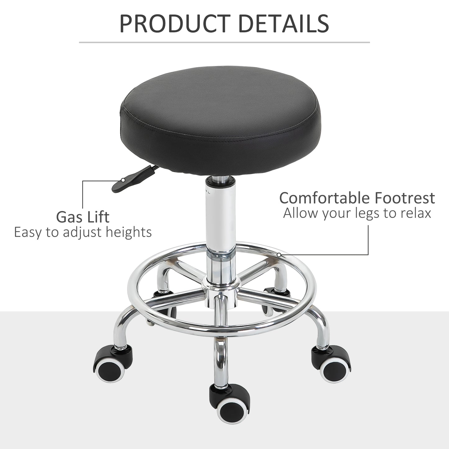 Round PU leather Salon Beautician Stool Adjustable Height w/ Footrest