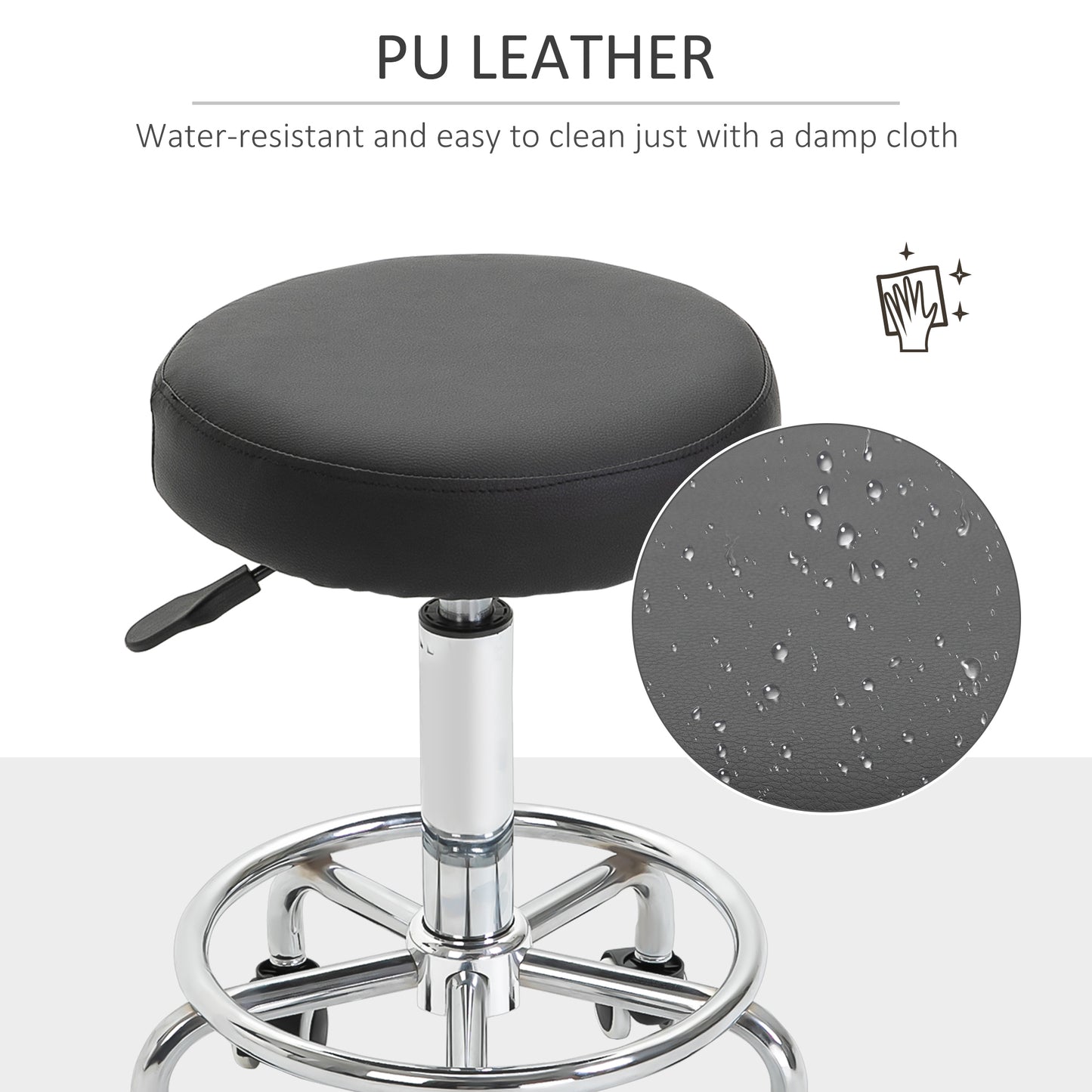 Round PU leather Salon Beautician Stool Adjustable Height w/ Footrest
