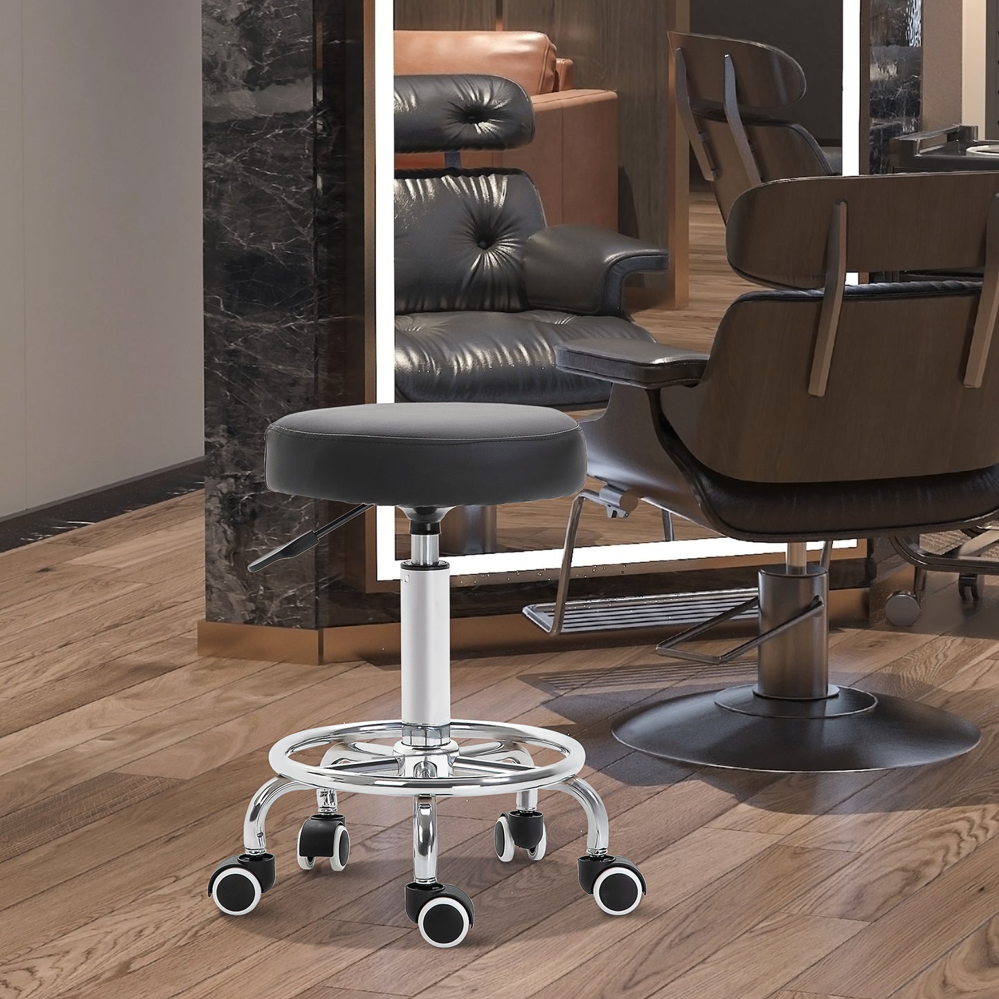 Round PU leather Salon Beautician Stool Adjustable Height w/ Footrest