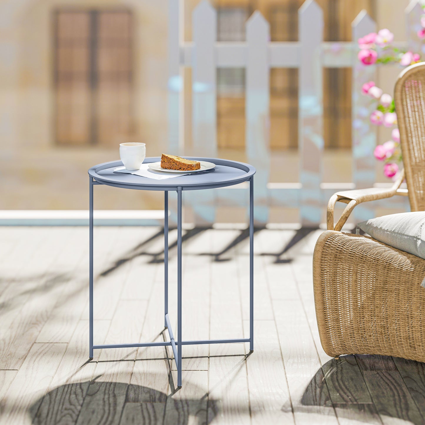 46cm Round Garden Table Side Table with Removable Tray, Blue Grey