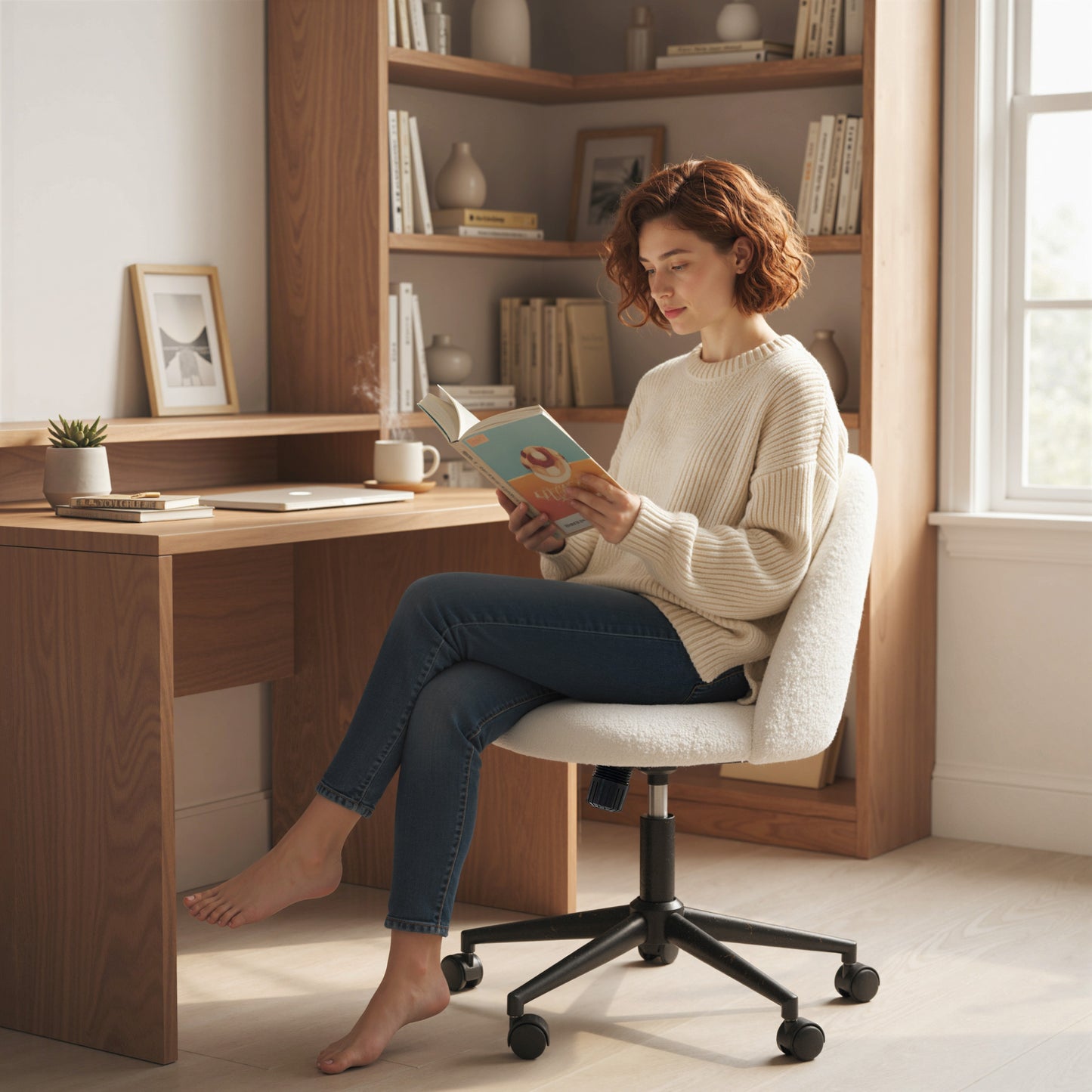 Desk Chair, Fluffy Swivel Office Chair for Makeup Vanity, Cream