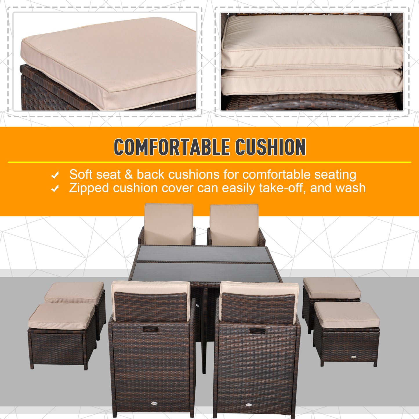 9PC Rattan Garden Furniture Set 8-seater Wicker Outdoor Dining Set Chairs + Footrest + Table Thick Cushion - Brown