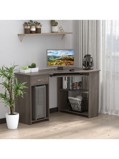 L-Shaped Corner Computer Desk w/ 2 Shelves Worktop Keyboard Tray Grey