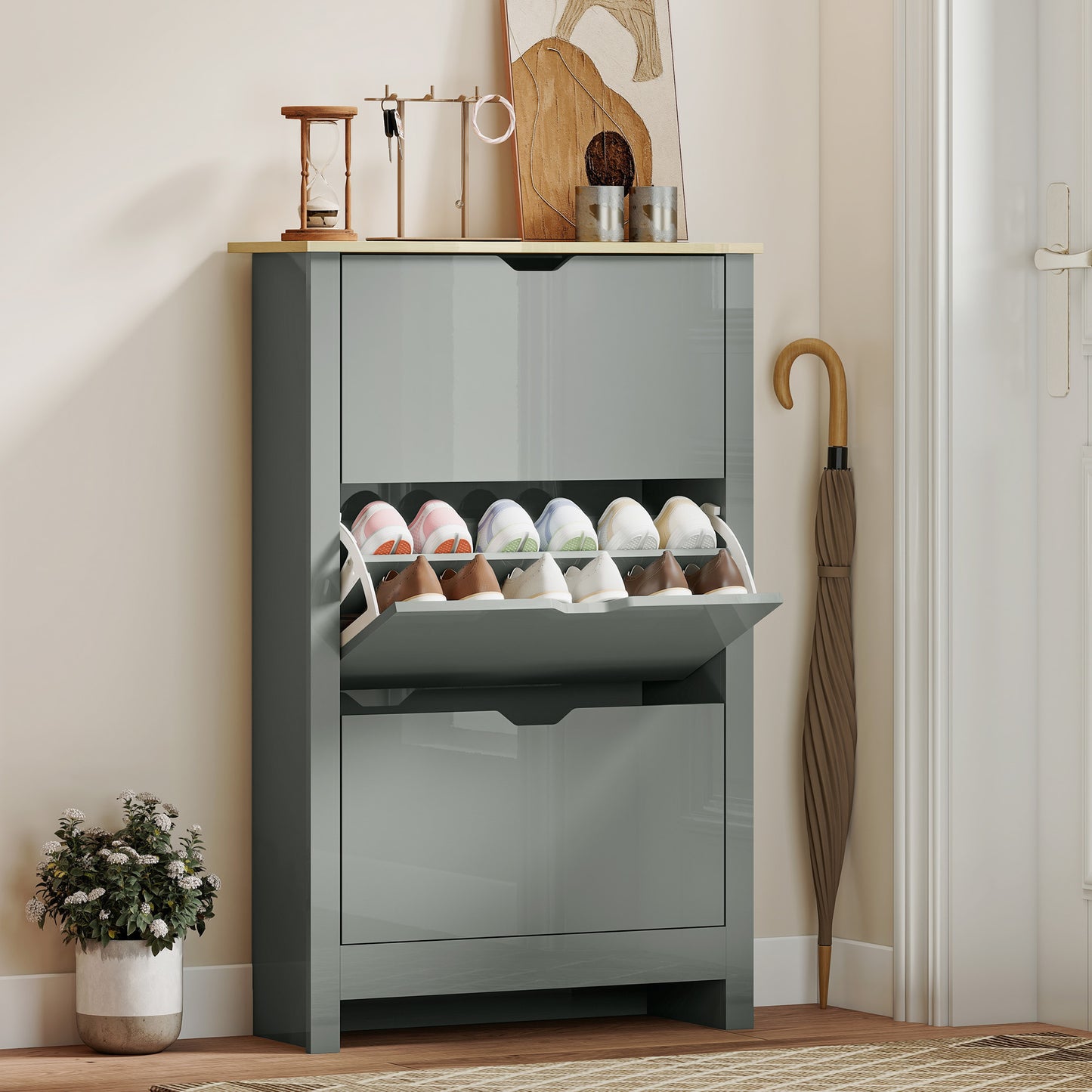 18-Shoe Storage Cabinet 6 Shelves 3 Drawers Tabletop Light Grey