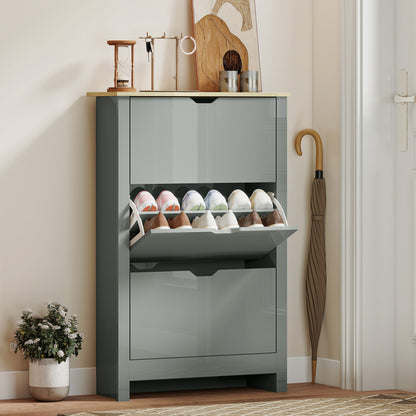 18-Shoe Storage Cabinet 6 Shelves 3 Drawers Tabletop Light Grey