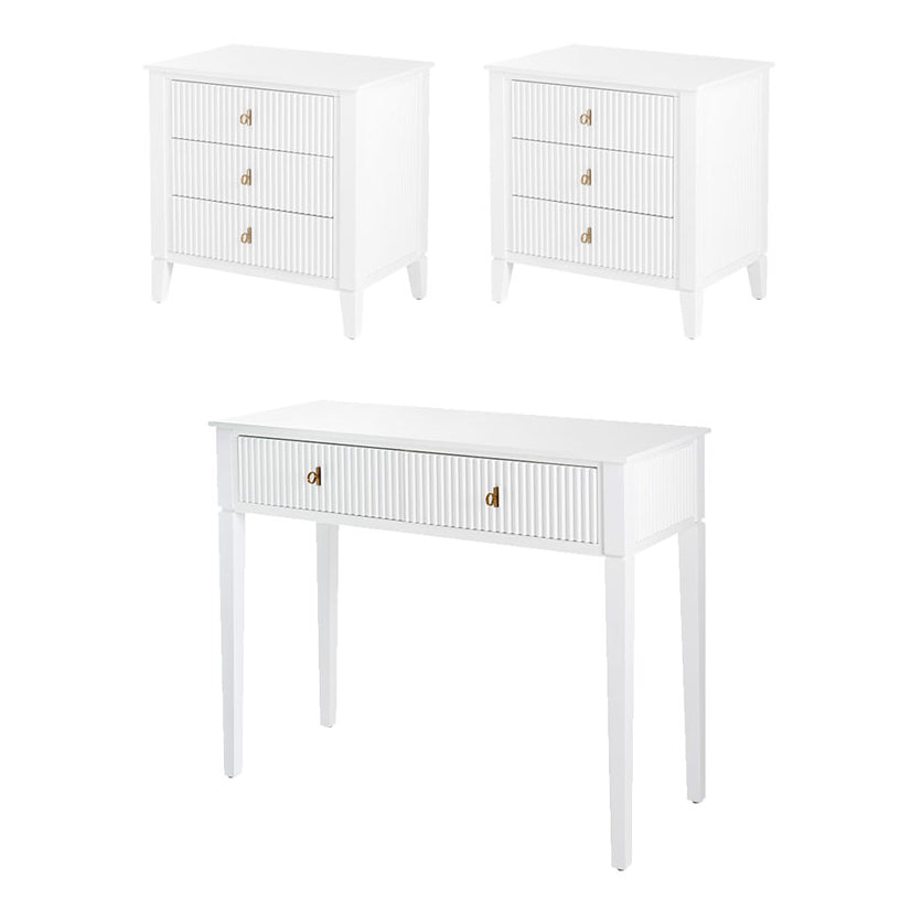 Set of 2 Heidi bedside tables and  dressing console -White -Brass/Silver