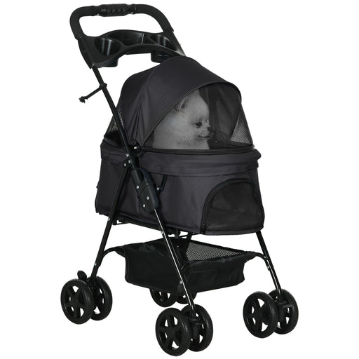 Pet Stroller Foldable Travel Carriage w/ Brake Basket Canopy, Black