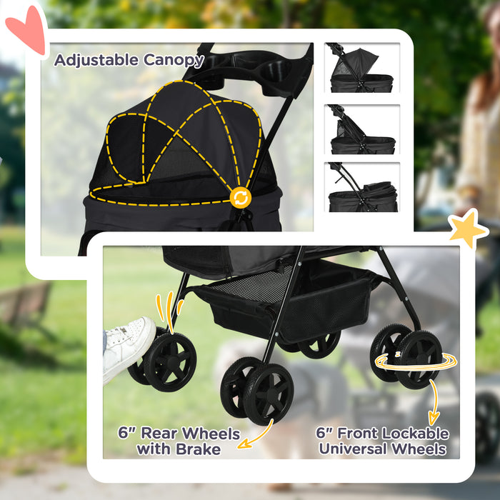 Pet Stroller Foldable Travel Carriage w/ Brake Basket Canopy, Black