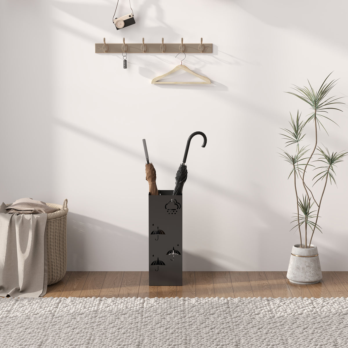 Decorative Umbrella Holder w/ Drip Tray 4 Hooks for Entryway Black