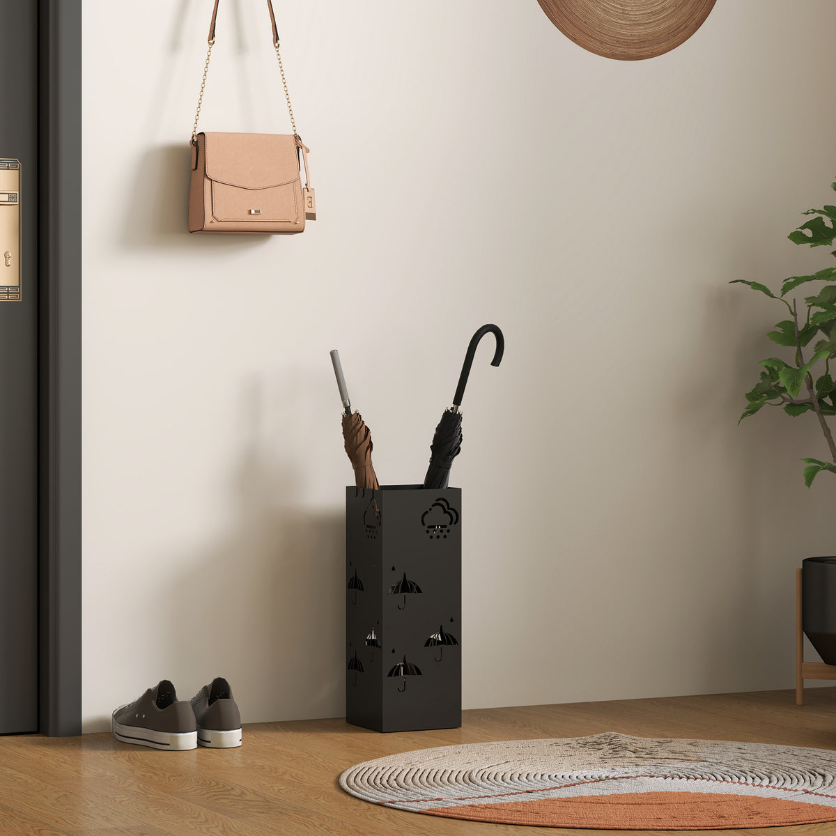 Decorative Umbrella Holder w/ Drip Tray 4 Hooks for Entryway Black