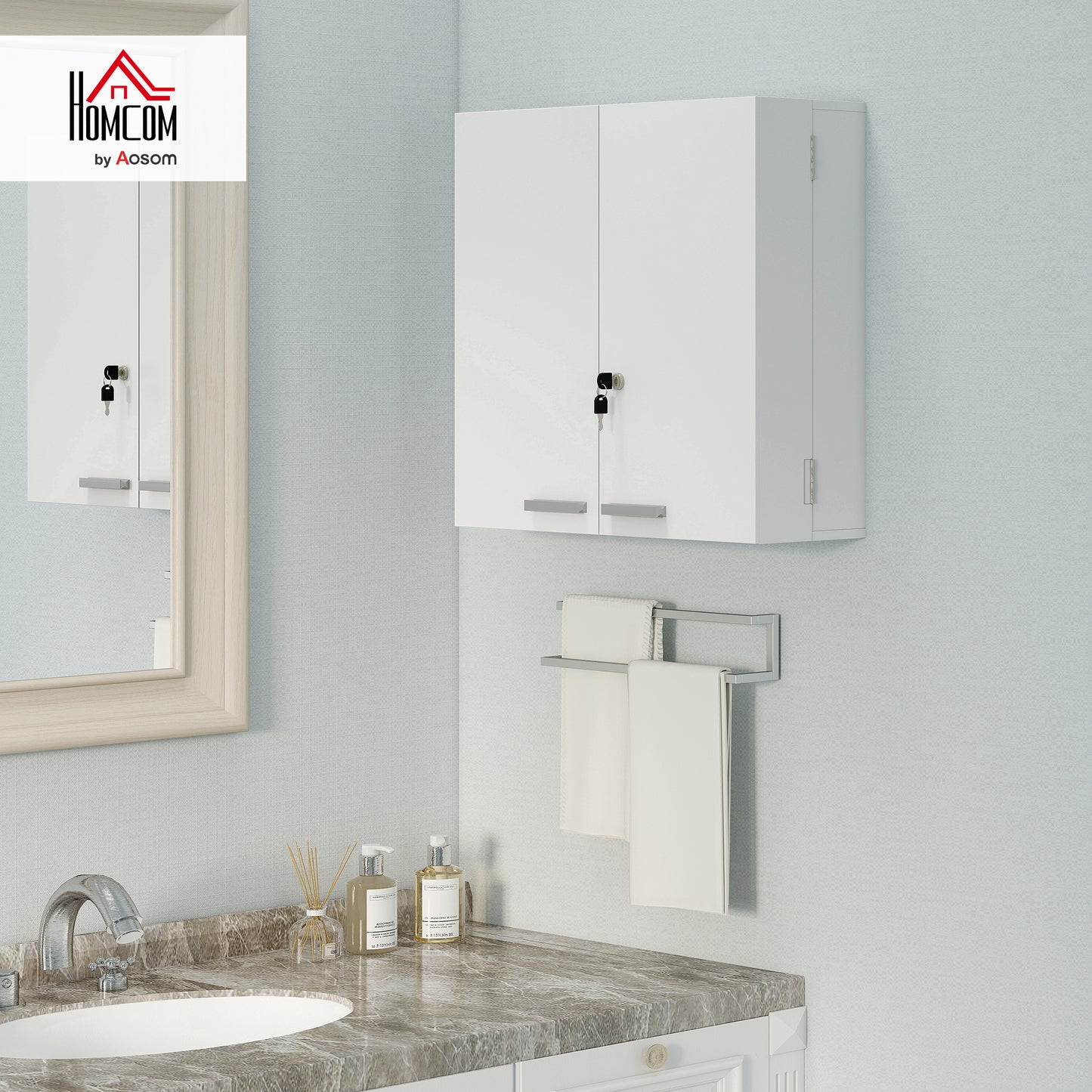 Wall Mount Medicine Cabinet with Key Lock and 2 Doors, White