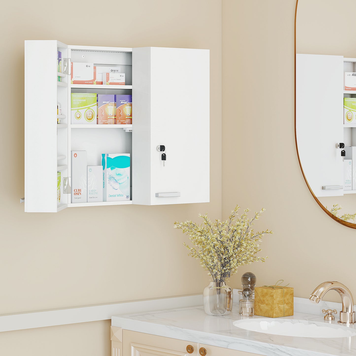 Wall Mount Medicine Cabinet with Key Lock and 2 Doors, White