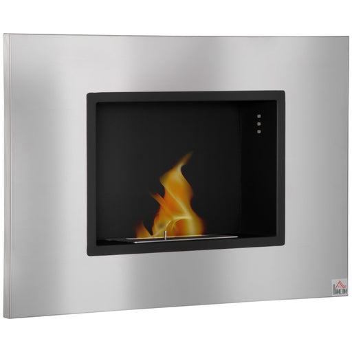 Wall Mounted Ethanol Fireplace, Stainless Steel Bioethanol Heater Stove Fire with 1.5L Tank, 3 Hour Burning Time, Silver