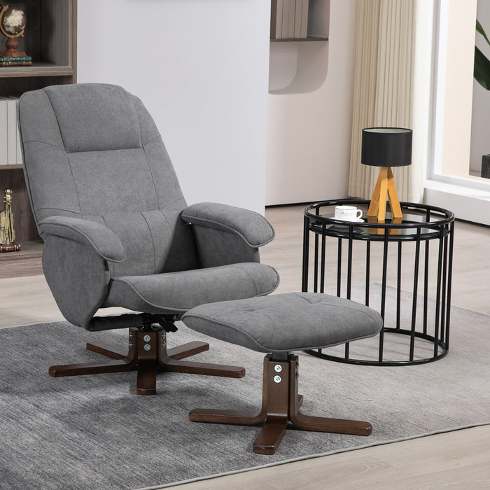 Linen Swivel Recliner Chair with Footstool, Upholstered Reclining Armchair with Wooden Base for Living Room, Grey