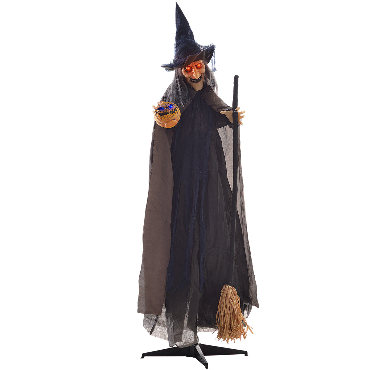 Halloween Witch with Broomstick Animatronic Prop with Light Up Eyes