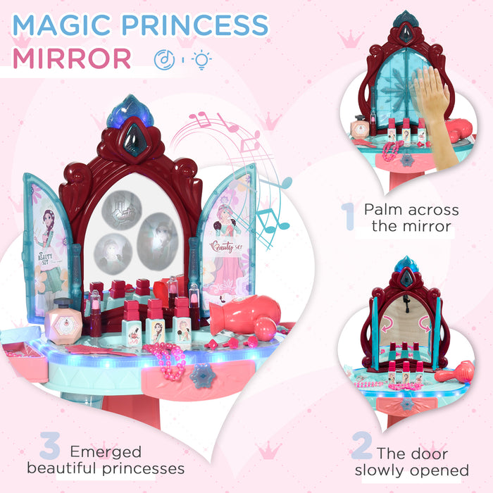 31 PCS Kids Dressing Table Set with Magic Princess Mirror, Musical Pretend Toy W/ Beauty Kit Mirror & Music, for 3-6 Years Old Blue+Pink