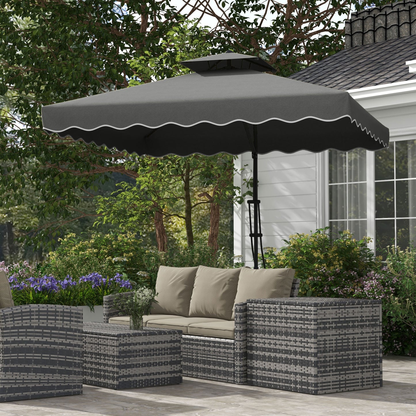 2.5m Square Double Top Garden Parasol Cantilever Umbrella with Ruffles, Grey