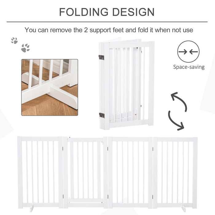 Wooden Freestanding Pet Gate 4 Panels 91cm Foldable Dog Safety Fence with 2 Support Feet Walk-through Door for Doorway Stairs White