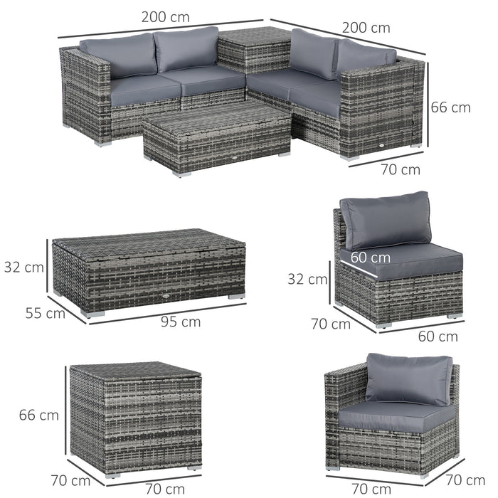 6PC Rattan Corner Sofa Set Wicker 4 Seater Garden Storage Coffee Table Conversation Ottoman Outdoor Weave Furniture w/ Cushion Grey