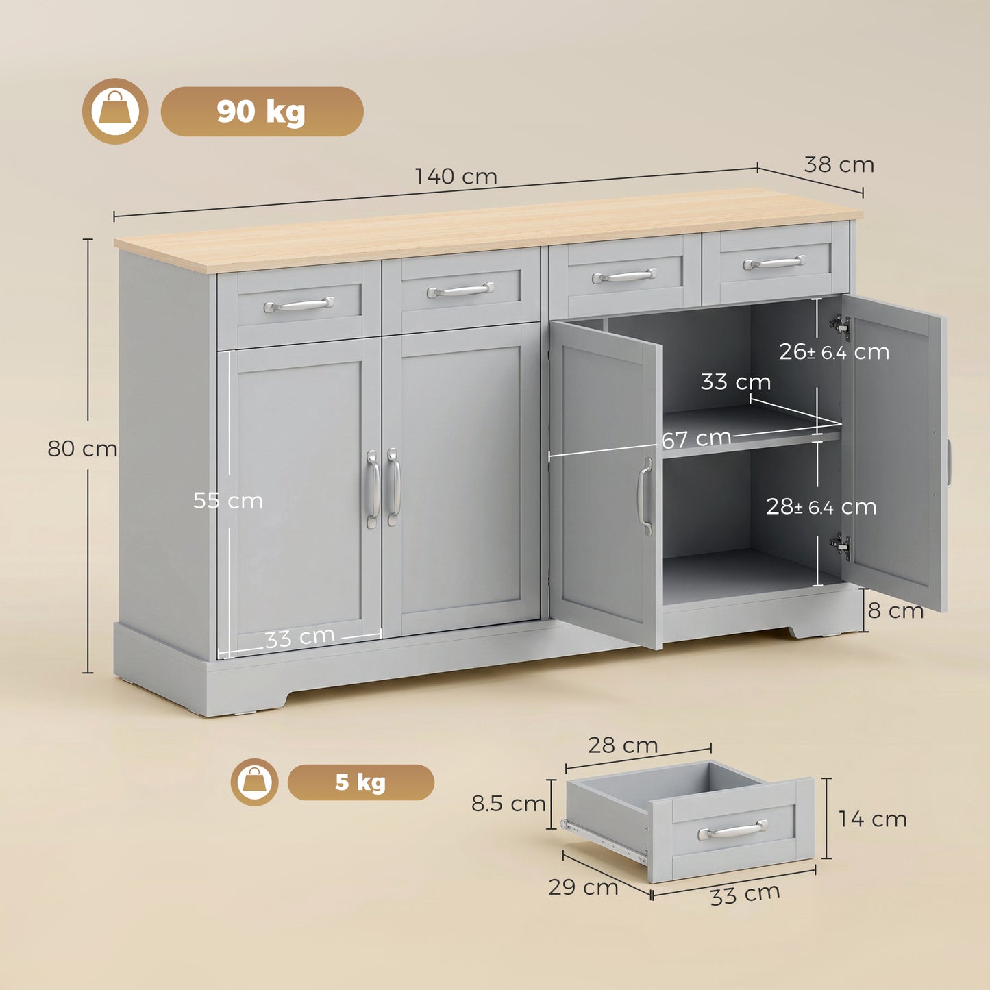 Sideboard with 4 Drawers, 4 Doors and 2 Adjustable Shelves, Grey