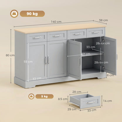Sideboard with 4 Drawers, 4 Doors and 2 Adjustable Shelves, Grey