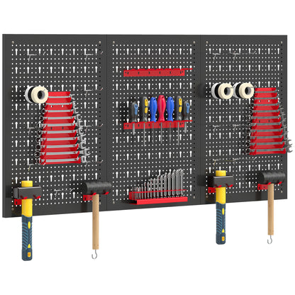 28 Pcs Wall-Mounted Pegboard with Hooks and Storage Shelves, 3 Panels Set Garage DIY Storage Unit Black and Red