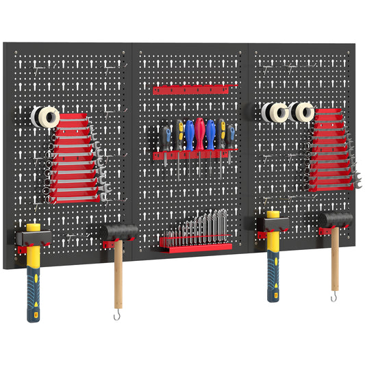 28 Pcs Wall-Mounted Pegboard with Hooks and Storage Shelves, 3 Panels Set Garage DIY Storage Unit Black and Red