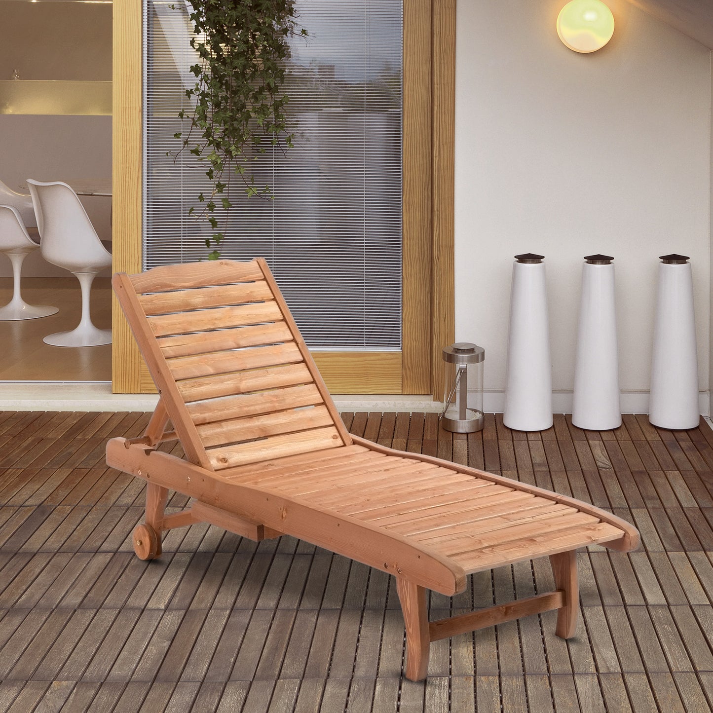 Outdoor Wooden Lounger Chair, Sun Bed with Built-In Table, Adjustable Backrest and Wheels, Red Brown