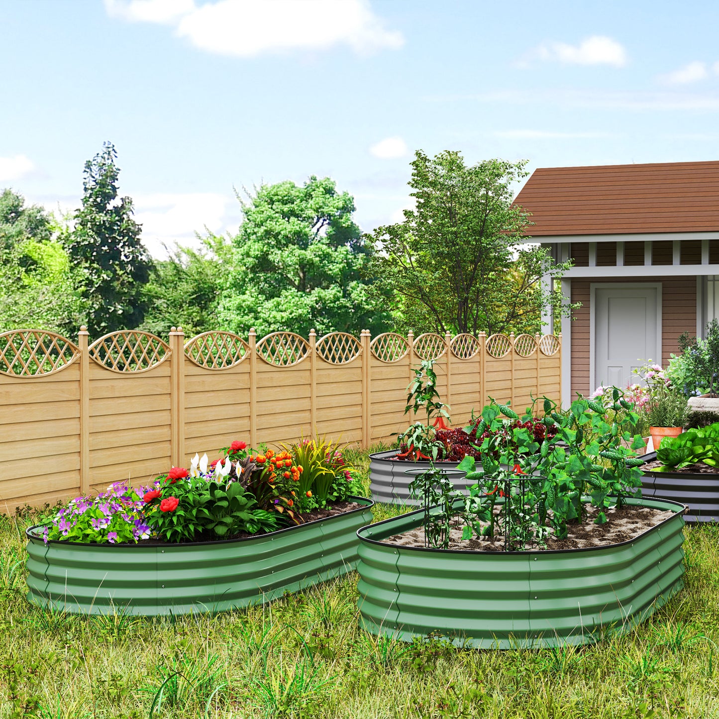 Set of 2 Raised Beds for Garden with Metal Plant Stakes, Green