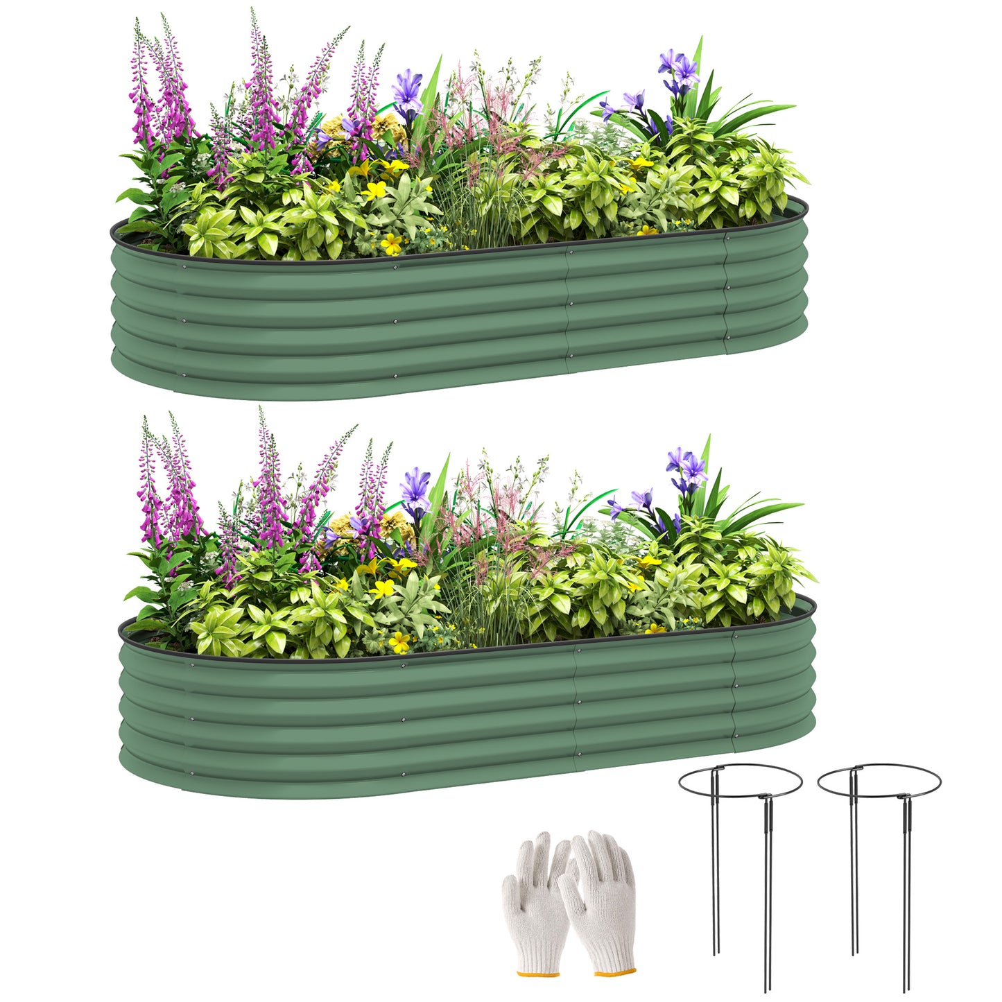 Set of 2 Raised Beds for Garden with Metal Plant Stakes, Green