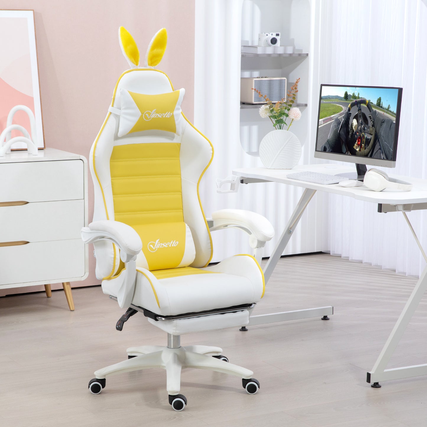 Racing Style Gaming Chair with Footrest Removable Rabbit Ears, Yellow