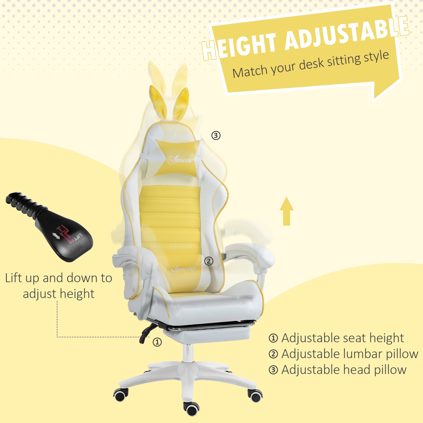 Racing Style Gaming Chair with Footrest Removable Rabbit Ears, Yellow