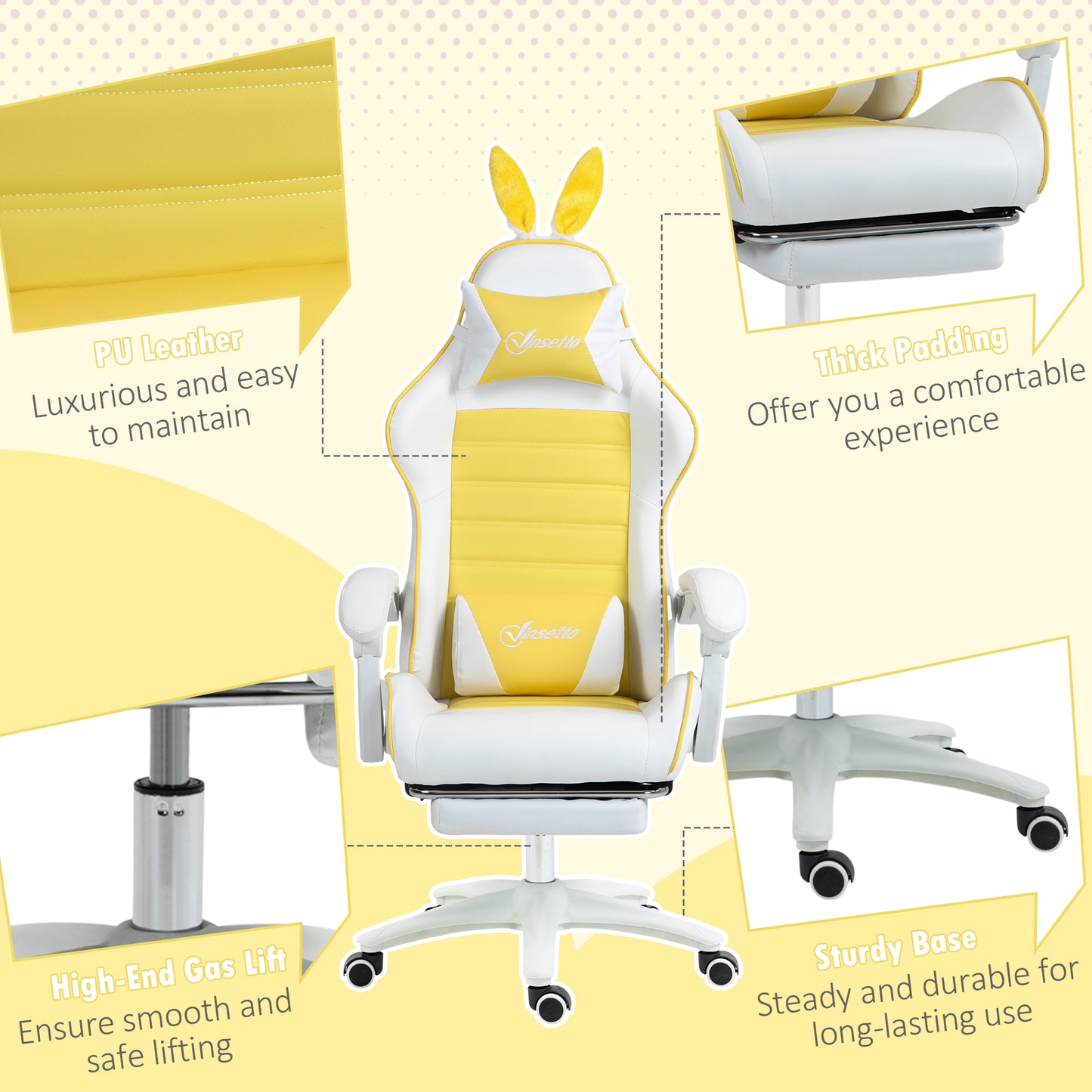 Racing Style Gaming Chair with Footrest Removable Rabbit Ears, Yellow