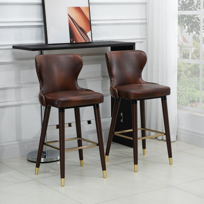 Bar Stools Set of 2, PU Leather Vintage Counter-Height Bar Chair, Luxury European Style Kitchen Stools with Back, Brown