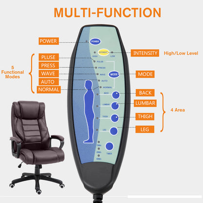 High Back Executive Office Chair 6-Point Vibration Massage Extra Padded Swivel Ergonomic Tilt Desk Seat, Brown