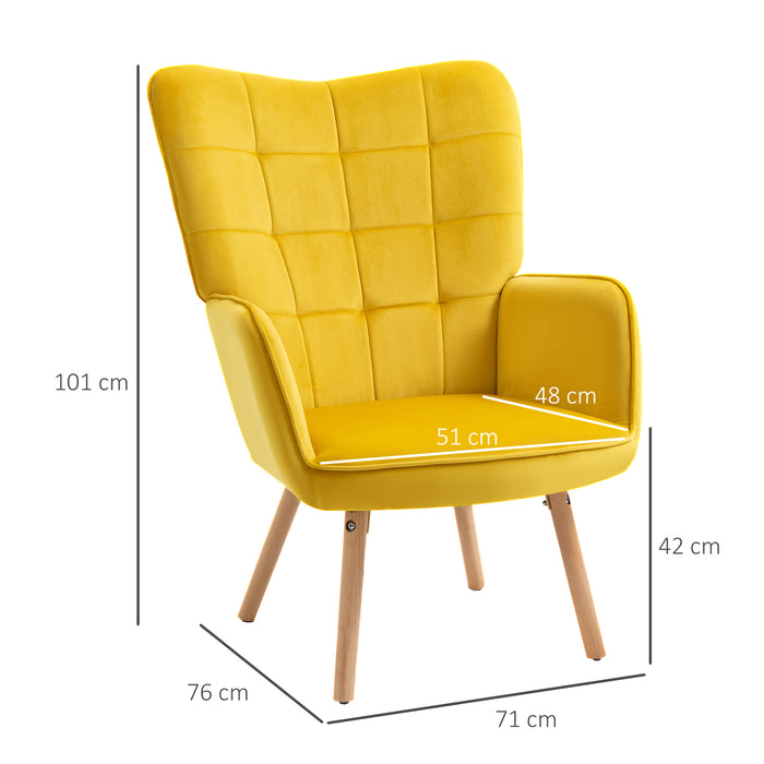 Modern Accent Chair Velvet-Touch Tufted Wingback Armchair Upholstered Leisure Lounge Sofa Club Chair with Wood Legs, Yellow