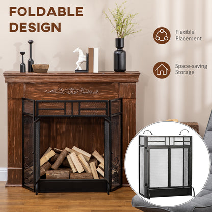 3-Panel Folding Freestanding Fireplace Screen with Door Metal Mesh, Black