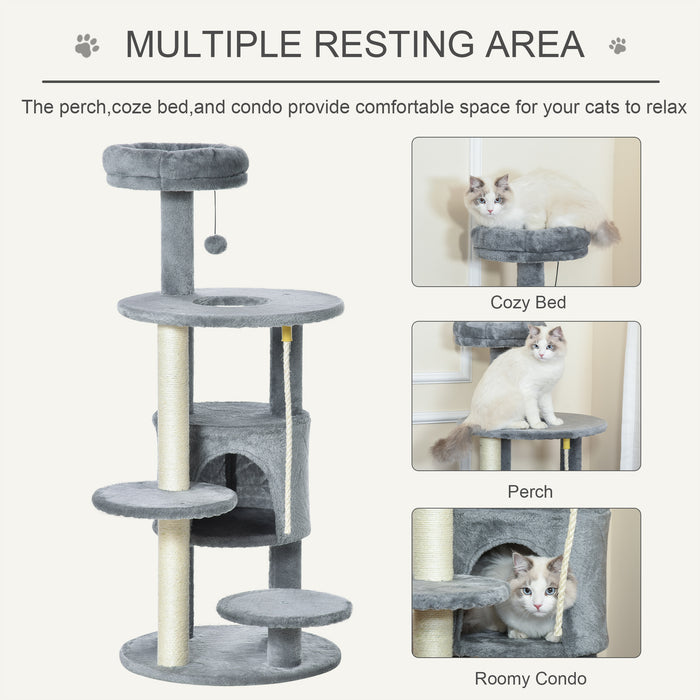 Cat Tree Tower 112cm Climbing Kitten Activity Center with Jute Scratching Post Perch Hanging Ball Toy Teasing Rope grey