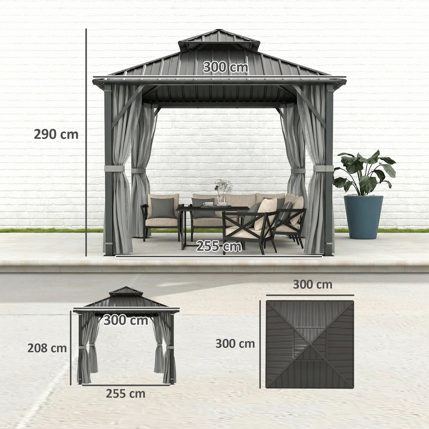 3 x 3(m) Hardtop Gazebo with Metal Roof, Netting and Curtains, Grey